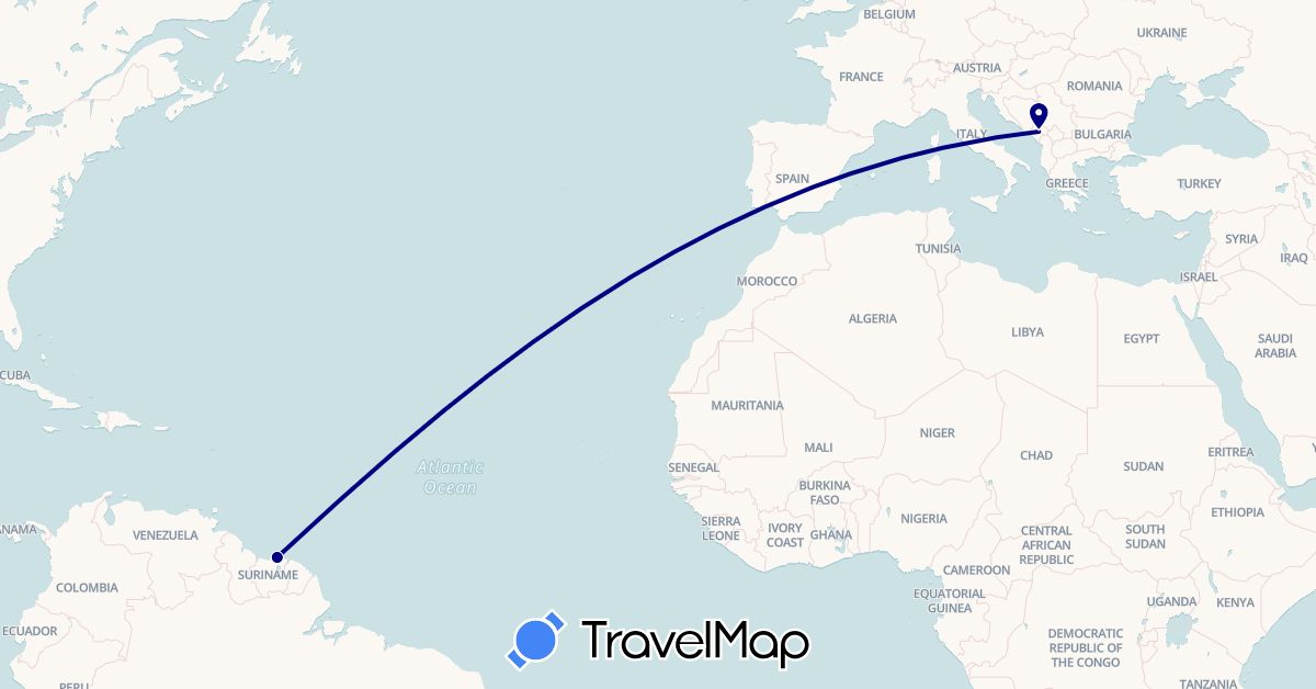 TravelMap itinerary: driving in Montenegro, Suriname (Europe, South America)